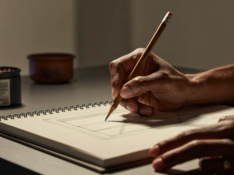 Ruka kreslící tužkou na papír u ateliérového stolu s ostrou špičkou